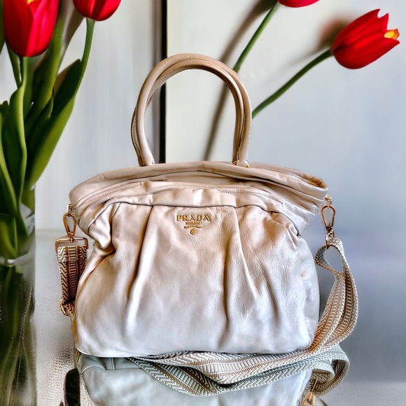 PRADA beige taupe vintage tote bag pleated Large leather GC authentic #H118 - Picture 1 of 4